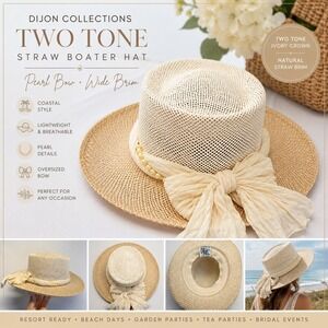 Vtg Two Tone Ivory Natural Straw Boater Hat Pearl Trim Bow Resort Beach Coastal